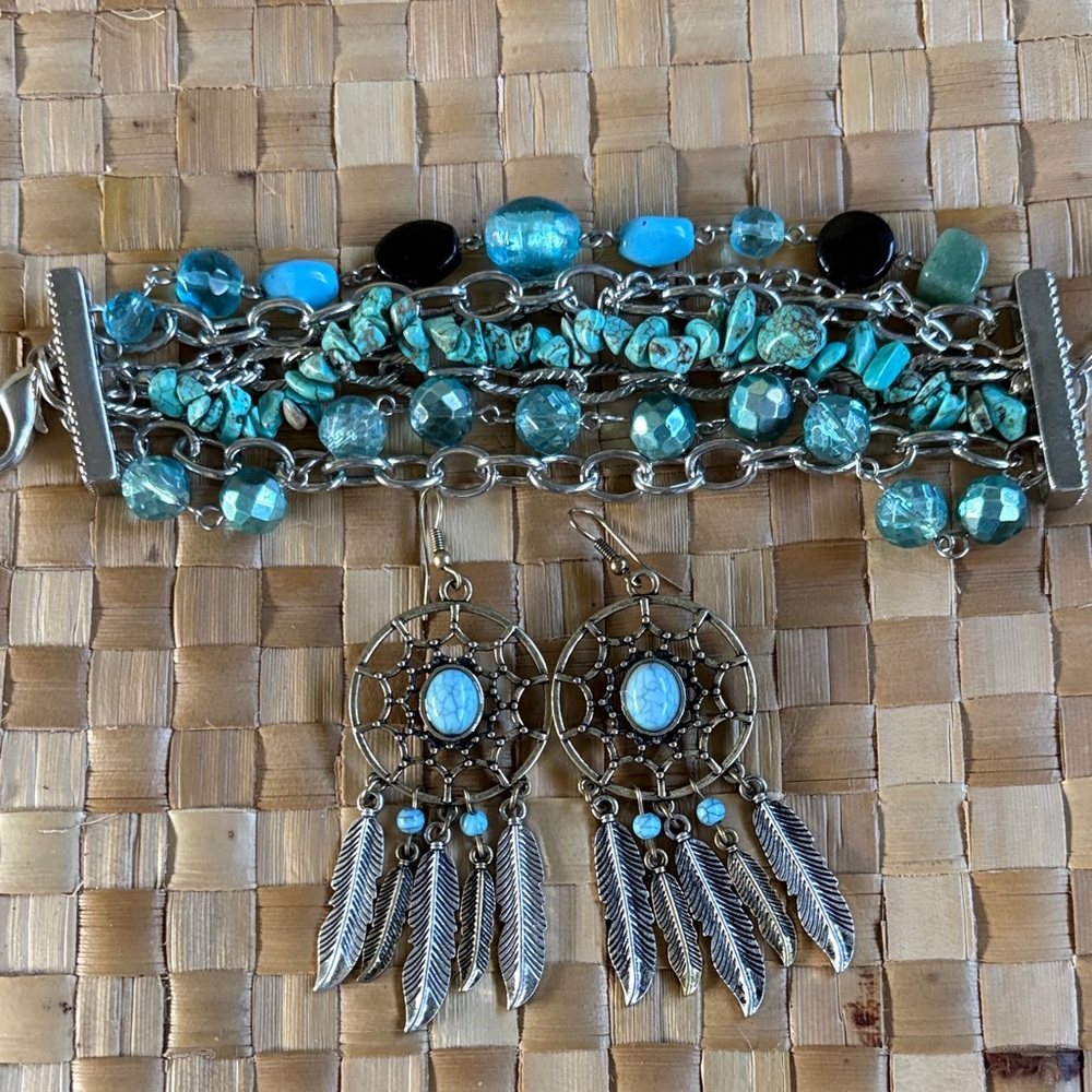 Faux Turquoise and Silver Dreamcatcher boho earrings and multi strand bracelet